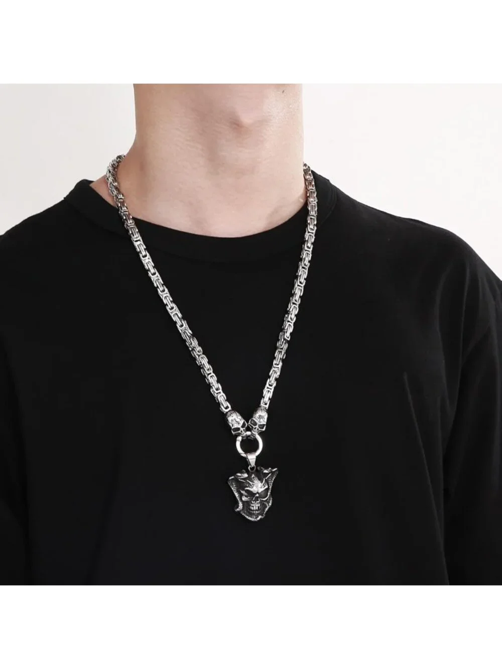 Gothic Skull Snake Pendant Necklace for Men & Women - Stainless Steel Cuban Link